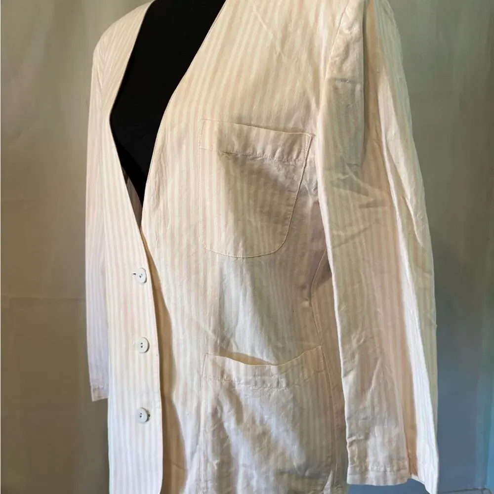 Vintage 80s Mondi Pink and Cream Cotton Striped Blazer size 40